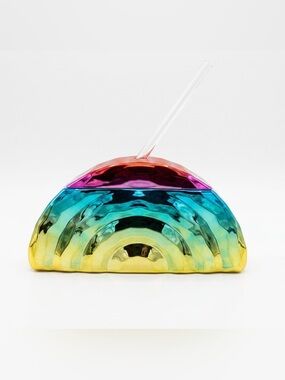Rainbow Shaped Iridescent Chrome Tumbler Cup with Straw Novelty Drinkware Unused